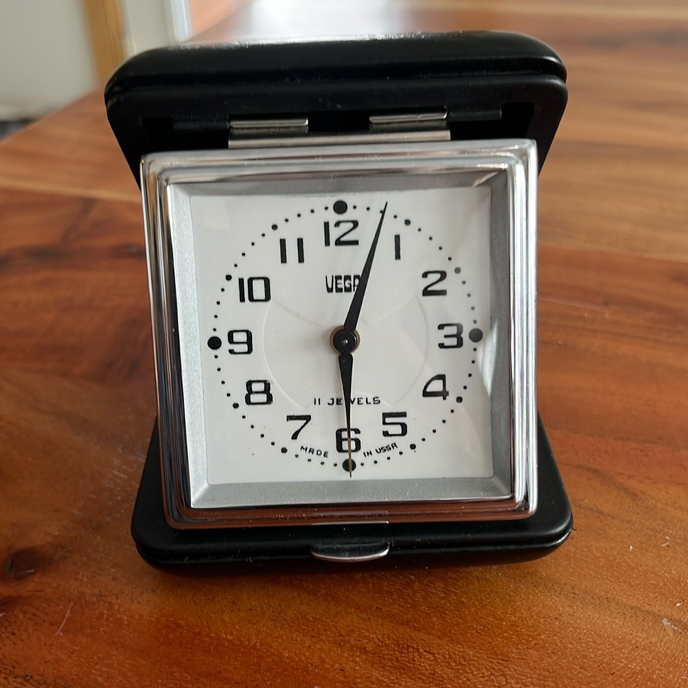 Vintage Former Soviet Union Vega Wind Up Travel Clock with Alarm in case